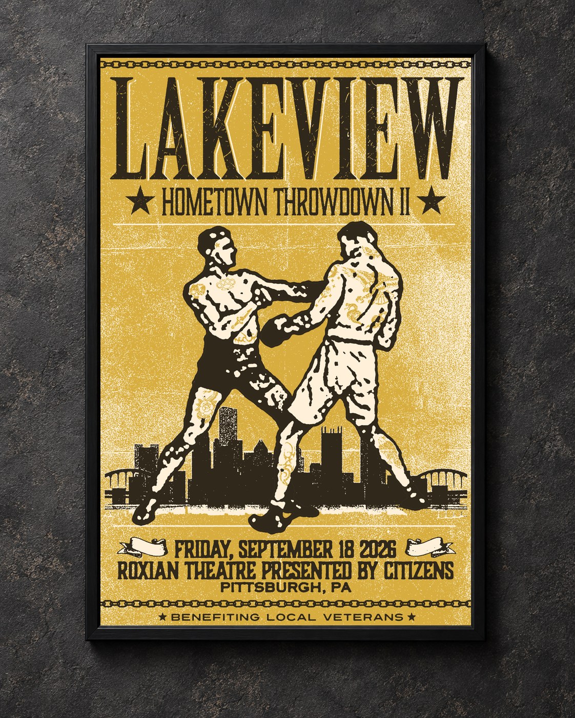 Lakeview Pittsburgh Hometown Throwdown II poster in a black frame against a textured dark wall.