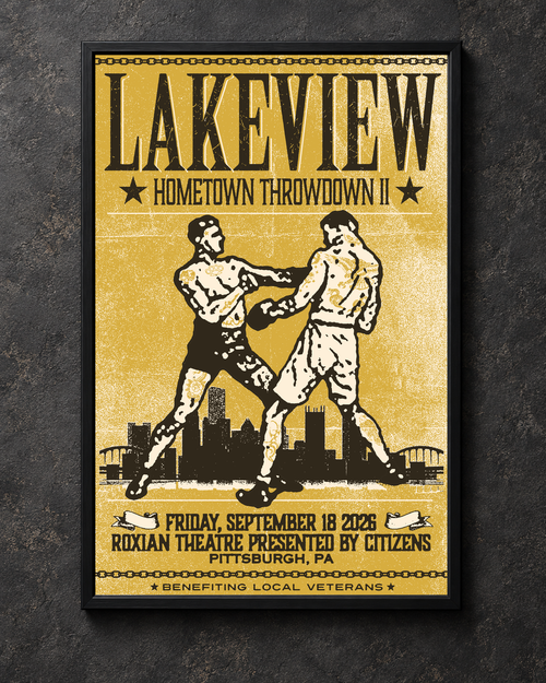 Lakeview Pittsburgh Hometown Throwdown II poster in a black frame against a textured dark wall.