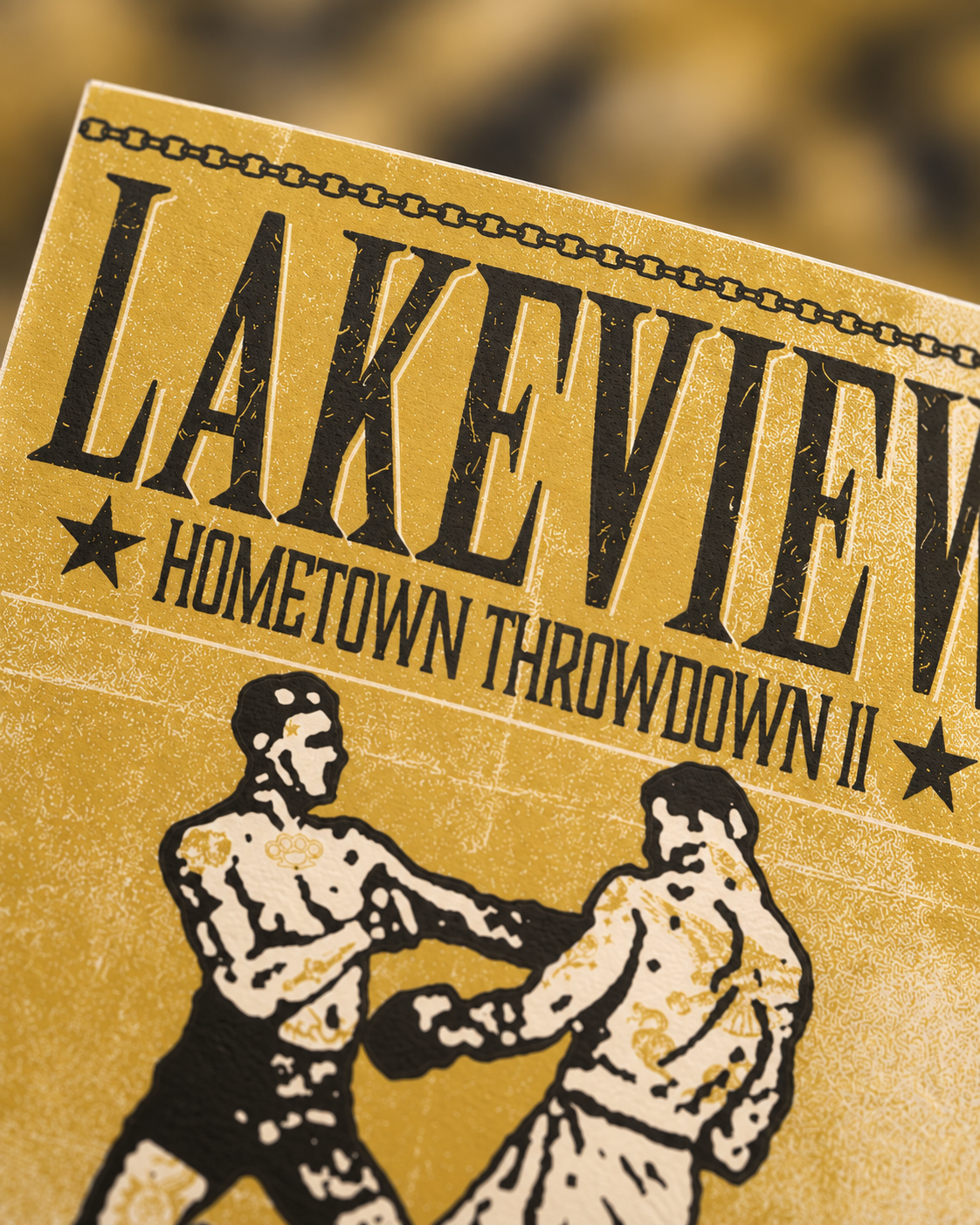 Lakeview Hometown Throwdown II Pittsburgh poster — close-up of lettering, boxing artwork and paper texture.