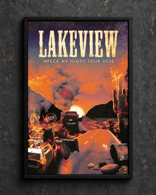 Lakeview Wreck My Night Tour 2026 poster in a black frame against a textured dark wall.