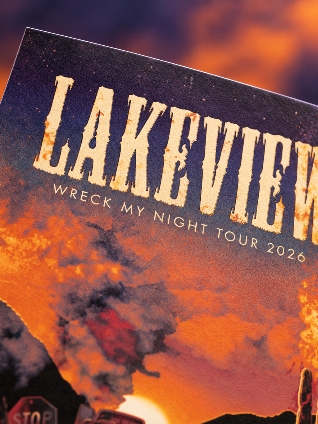 Close-up of the Lakeview lettering and Wreck My Night Tour 2026 subtitle against the orange and purple poster artwork.