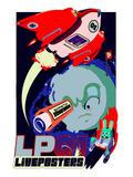 LivePosters LP01 poster by Maya Jevans, featuring a red rocket, Earth, and an astronaut rabbit.